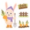 Character rabbit farmer with carrots. Farming set with cute bunny in rubber boots, hat and scarf with shovel. Greenhouse