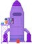 Character repairs rocket to fly away. Pixel alien fueles aircraft. Purple rocket with creature