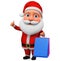 Character Santa Claus shows thumb up and holds shopping. 3d rendering. Illustration for advertising