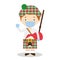 Character from Scotland dressed in the traditional way with kilt and bagpipes and with surgical mask and latex gloves