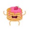 Character stack of pancakes with strawberry syrup and fresh strawberry