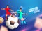 Character of two Footballer kick the ball on abstract shiny blue background for Soccer.