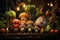 Character vegetable faces. Happy animation vegetable family cartoon in magical rural kitchen. AI generated.