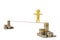 A character walking a dangerous high wire tightrope and gold coin stacks 3D illustration.
