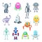 Characters of funny robots in cartoon style. Vector mascot set of androids and astronauts