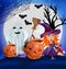 Characters Halloween pumpkin, cobweb, bats, broomstick, spider and little witch with a hat. Happy characters under the