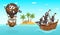 Characters male pirates command on air balloon fight vs ship, teamfight, water battle, tropical island, palm tree, gold