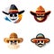 Characters in Mexican and cowboy hats, masks for holidays and carnivals