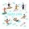 Characters People Surfing at the Beach. Man and Woman Cartoon Surfers. Water Sport Concept