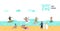 Characters People Surfing at the Beach Poster, Banner, Brochure. Man and Woman Cartoon Surfers. Water Sport Concept