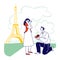 Characters Romantic Proposal in Paris Concept. Man with Engagement Ring Asking Woman to Merry