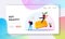 Characters in Room with Zero Gravity and Flying Furniture Landing Page Template. Woman Holding Dumbbell for Antigravity