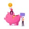 Characters Saving Money, Finance Problems Concept. Business Man Hit Piggy Bank with Hammer to Take Coins from Moneybox