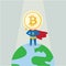 Charactor of funny super hero superman businessman Bitcoindigital currency cryptocurrency that stands on the earth