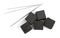 Charcoal cubes for hookah and tongs on white background, top view