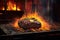 charcoal grill with sizzling steak and flames