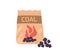 Charcoal in paper bag. Pack of BBQ coal pieces for fire and cooking with barbecue grill. Barbeque carbons package