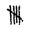 Charcoal tally mark. Hand drawn sticks sorted by four and crossed out by slash line. Day counting symbol on prison wall