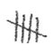 Charcoal tally mark icon. Four sticks sorted crossed out by slash line. Day counting symbol on jail wall. Unary numeral