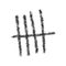 Charcoal tally mark sign. Four black hand drawn sticks crossed out by slash line. Day counting symbol on prison wall