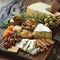 Charcuterie board, Artisan Cheese Board Ingredients with different cheese, grapes, nuts, olive, figs on white background, copy