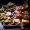 charcuterie board, featuring an assortment of cured meats, cheeses, olives, and fresh fruits by AI generated