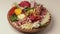 Charcuterie and cheese platter rotates smoothly around its axis. Appetizers boards with assorted cheese, salami, ham, grape and