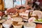 Charcuterie and dry dlicateness on a butcher stall market in France