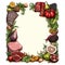 charcuterie notebook page borderline or frame, blank, vegetable, meat