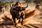 Charging Bull Captured in Mid-Motion: Muscles Taut and Nostrils Flared, Sparse Dust Clouds Swirling