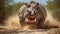 A charging hippopotamus races towards the camera, powerful jaws. Generative AI