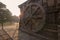 A chariot wheel carved into the wall of the 13th century Konark Sun or Surya Temple, Odisha, India