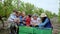 Charismatic and attractive farmer family in front of the camera sitting on the chairs in the middle of vineyard and