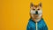 a charismatic fat Shiba Inu strikes a pose in a sleek blue tracksuit, accentuated by bold yellow striping along the