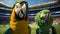 Charismatic Parrot Mascot Supporting Soccer Team In Cinematic Stadium