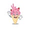 A charismatic strawberry ice cream mascot design style smiling and waving hand