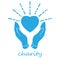 charity concept illustration. flat blue hands with silhouette heart and lines on white background