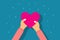 Charity and donation concept. Girl give heart in palm hand. Flat style vector
