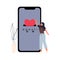 Charity donation online smartphone from home with woman put heart love and stay home illustration. Hand donating money by online p