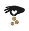 Charity donation, a vector flat illustration of a hand shaped like a heart symbol giving out coins money to help others in need.