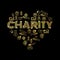Charity and donations. Set with golden thin line icons in the shape of heart