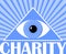 Charity flyer with a symbol of God\'s eye in triangle. Blue background with white rays. Poster for christian charity events.