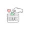 Charity money donation icon - hand putting a green coin in a purse with word donate.