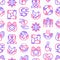 Charity seamless pattern with thin line icons: donation, save world, reunion, humanitarian aid, ribbon, medical support, charity