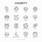 Charity thin line icons set: donation, save world, reunion, humanitarian aid, ribbon, medical support, charity to disabled people