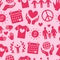 Charity vector seamless pattern with flat silhouette icons. Donation, nonprofit organization, NGO illustrations. Pink