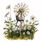 The Charm of Countryside: Farm Windmill and Daisy Fields in Watercolor AI Generated
