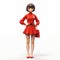 Charming 3d Cartoon Girl In Red Dress - Japanese Minimalism Style