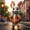 Charming 3d Cartoon Rabbit With Backpack On Urban Street