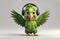 A charming 3D render of a cute green happy dancing green parrot cartoon character wearing headphone on white background